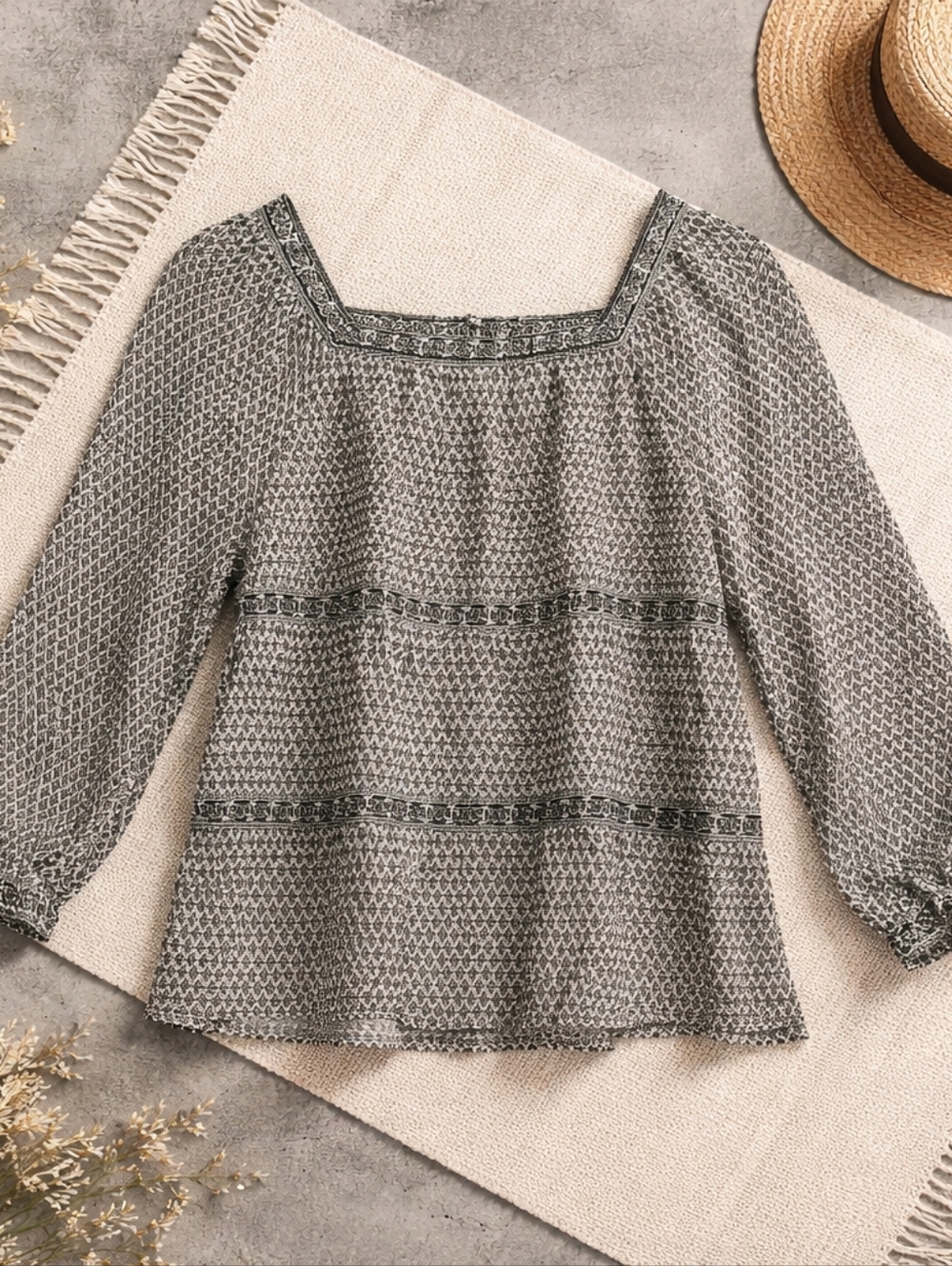 Old Navy Gray Square-Neck Printed Peasant Top